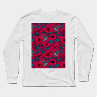 Red hibiscus and hummingbirds, tropical garden on red Long Sleeve T-Shirt